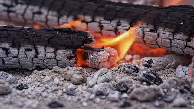 Closeup of burning logs and glowing embers in a campfire.