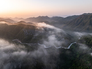 Fototapeta premium Aerial view of tea plantations on mountains shrouded in morning mist at sunrise