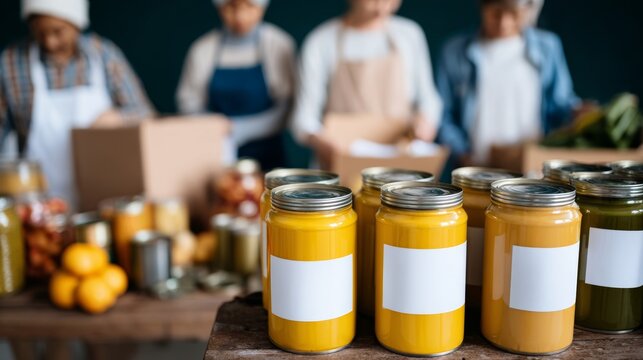 Canned goods and food donations filling a table in community hall, volunteers organizing supplies for charity