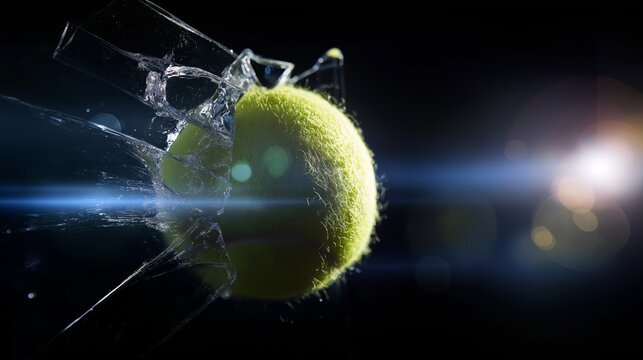 Tennis ball exploding through glass, dynamic high speed impact creating shattered fragments and dramatic lens flare