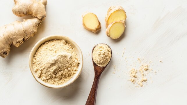 Ginger root and ground powder with sliced pieces, essential cooking spice, herbal medicine, and natural ingredient