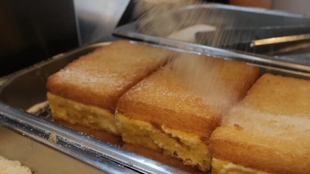 close-up shot of traditional Hong Kong style French toast, deep-fried to a golden brown and topped with a dusting of powdered sugar. The thick-cut bread slices are shown resting in a professional stai
