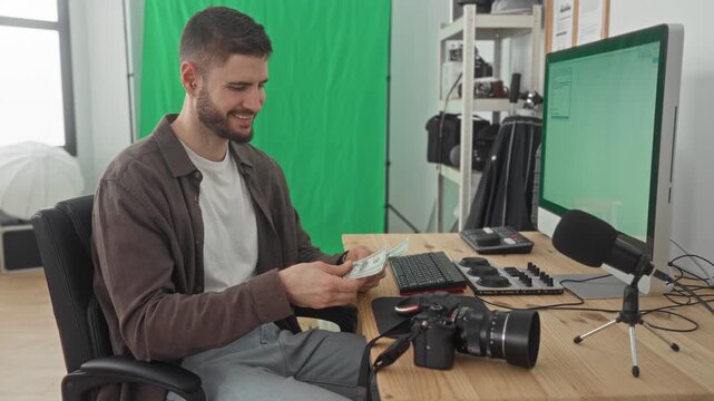 Man counting dollars with hands at desk in studio with camera, microphone and green screen backdrop; confidence.