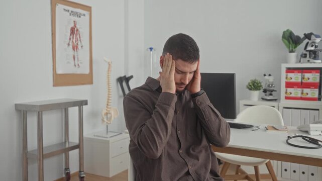 Man holding his temples and pressing his face while seated at a medical desk in a doctor's office building with stethoscope visible for headache; anxiety.