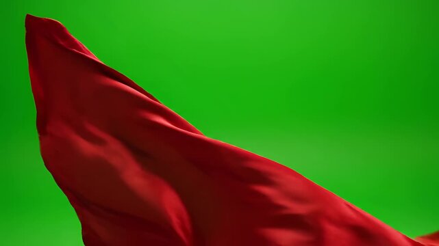 Red Fabric Flowing Gracefully Against a Vibrant Green Screen Background.