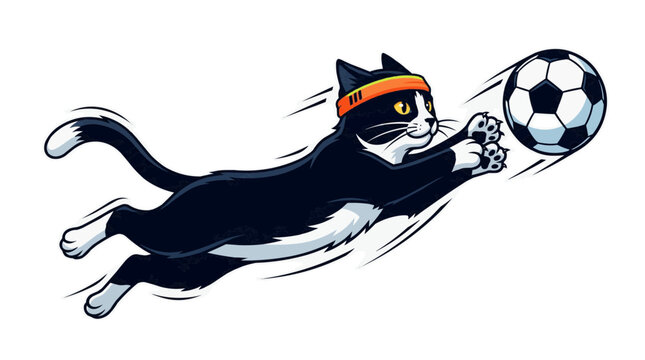 Tuxedo Cat Wearing Headband Chasing a Soccer Ball in Mid Air Pet in the 2026 soccer world championship