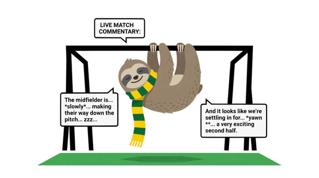 Funny sloth wearing a scarf hangs on a soccer goalpost with commentary about a slow match Pet in the 2026 soccer world championship