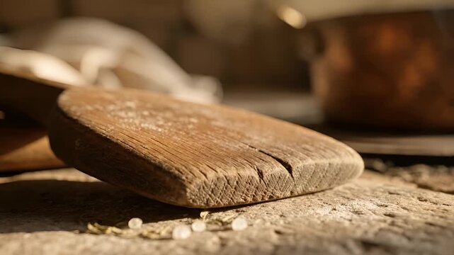 Rustic Wooden Spoon with Grains of Salt on a Textured Surface.