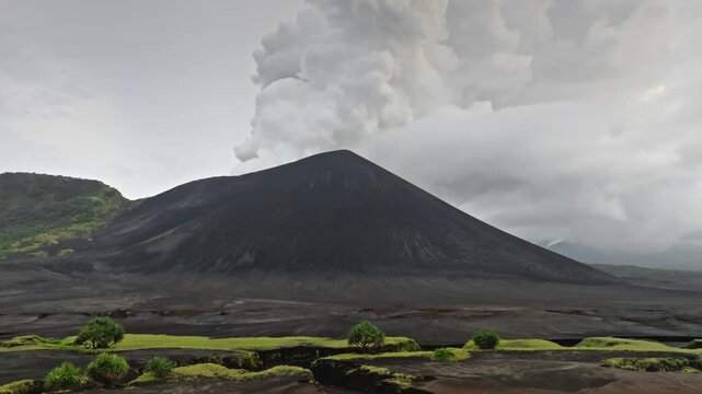 Mount Yasur active volcano dominating the Tanna Island landscape, emitting a large ash cloud into the overcast sky above a dark volcanic terrain with scattered green vegetation, near Port Resolution