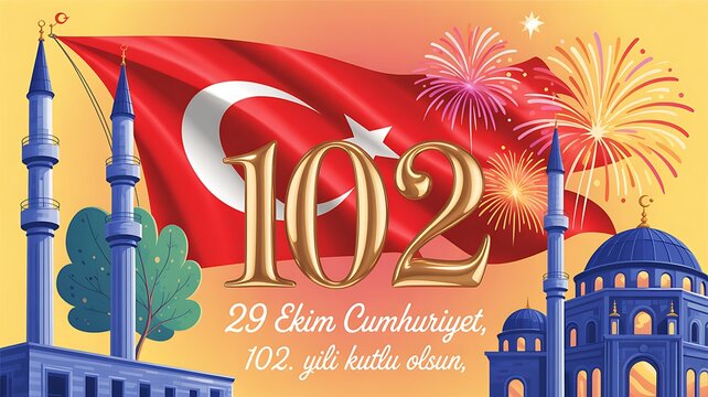 Turkey flag and mosque celebrating 102 years