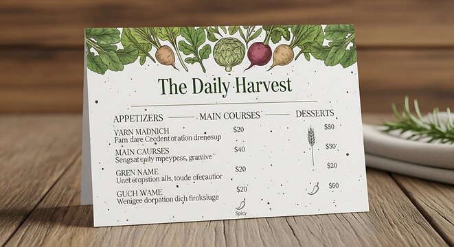 Rustic Illustrated Restaurant Menu Card Standing on Wooden Table