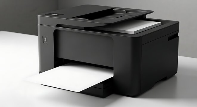 Black Multifunction Printer Printing Paper on White Office Desk