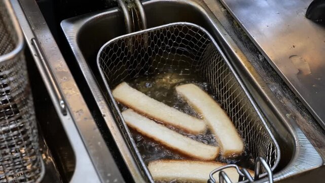High-angle, close-up footage of thick-cut potato fries boiling and bubbling in hot golden oil within a stainless steel deep fryer basket. This professional kitchen scene captures the sizzling process 