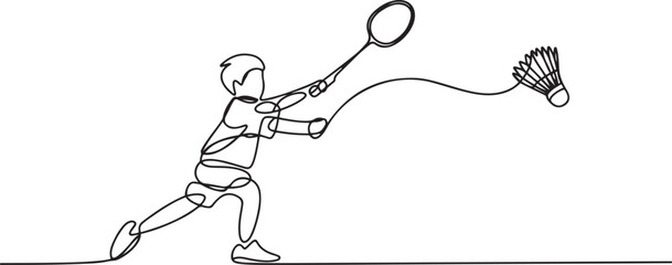 One continuous line drawing of young badminton player hit shuttlecock with racket. Sport training concept. one line art icon drawing vector © jinnatun