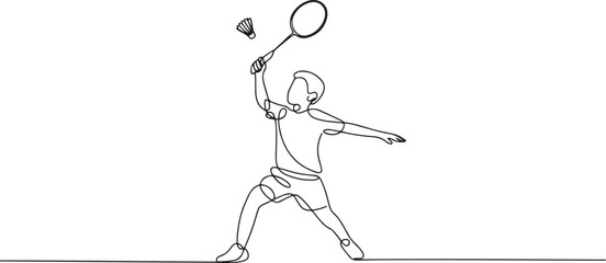 One continuous line drawing of young badminton player hit shuttlecock with racket. Sport training concept. one line art icon drawing vector © jinnatun