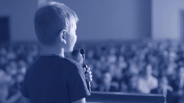 Young boy giving a speech at a podium in front of an audience, public speaking concept