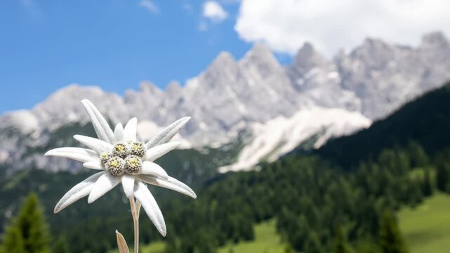 Edelweiss flower with Dolomites mountain range in Italy, beautiful alpine scenery and nature