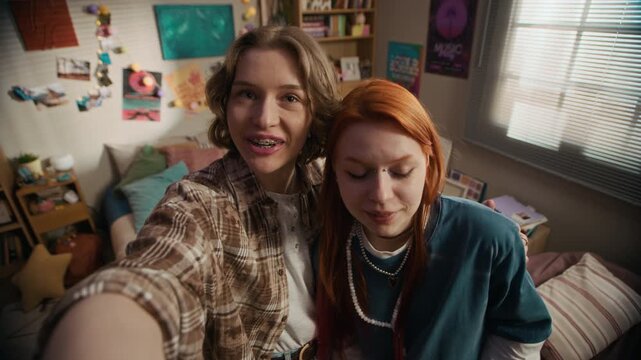Handheld point of view of two young Caucasian female friends recording video blog in cozy bedroom while trying on vibrant Y2K clothing items to camera