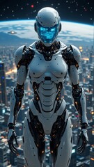 Fototapeta premium robot standing front cityscape night robot white black color has futuristic design has large head blue light which appears helmet visor body robot multiple arms legs has robotic like appearance