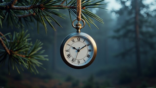 pocket watch hanging branch pine tree pocket watch has round face black roman numerals hands chain attached top watch small loop background blurred appears forest trees greenery overall mood peaceful