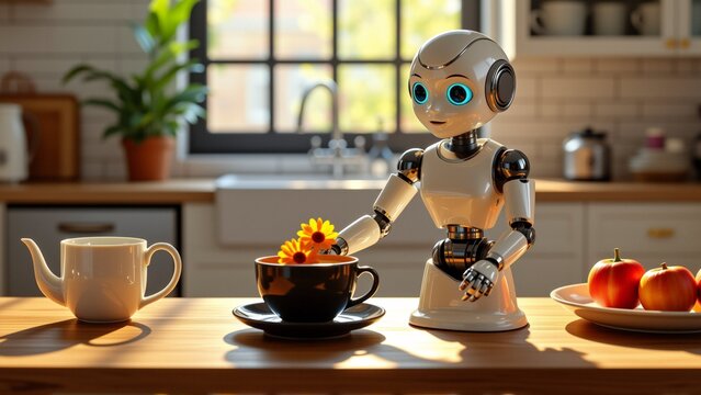 robot standing kitchen countertop robot has white body blue eyes black head holding small orange flower its hand next robot white teapot plate red apples kitchen has white cabinets window view trees