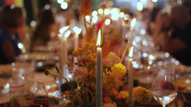 Wedding decor with burning candles and wedding guests at marriage party banquet table in 4k slow motion. Romantic evening dinner table setting decoration with warm bokeh lights background.