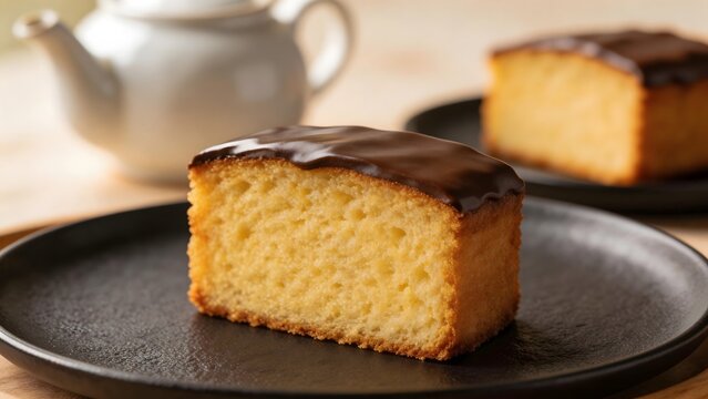 Cake slice with chocolate glaze on plate