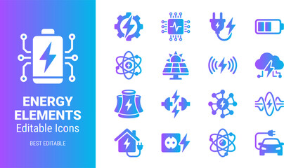 Fototapeta premium Energy elements editable icons set power sources renewable energy technology and consumption symbols.