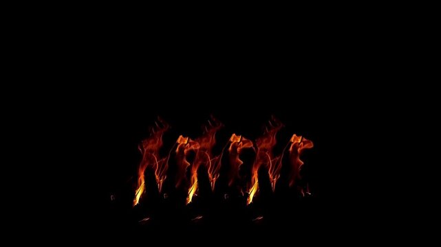 Multiple Fire Flames Burning in a Row Isolated on Black Background Horizontal Wall of Fire Video Overlay 4K Slow Motion VFX Element