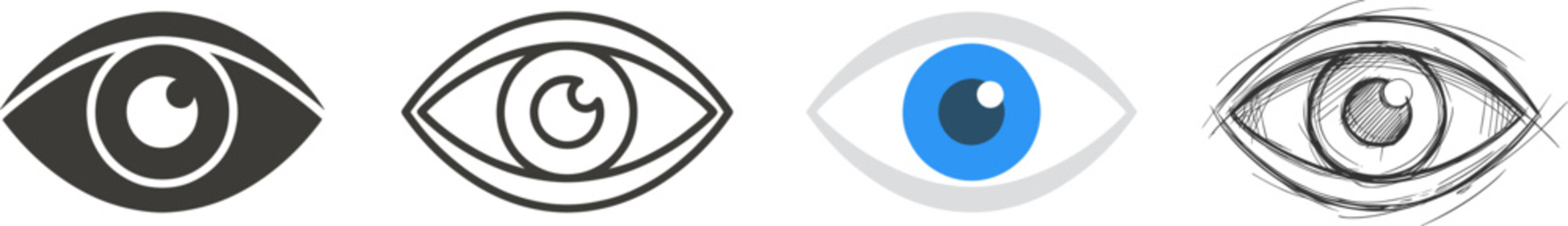 Set of four different eye icons, including solid, outline, flat color, and handdrawn sketch styles vector illustration on transparent background