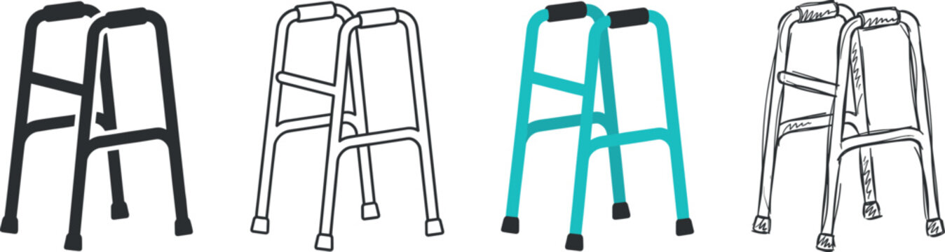 Set of four different styles of medical walkers for elderly people isolated on white background vector illustration on transparent background