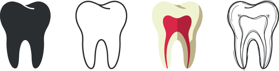 Set of four diverse tooth icons featuring various artistic styles and graphical textures presented as a digital vector on transparent background © DesignAIPro