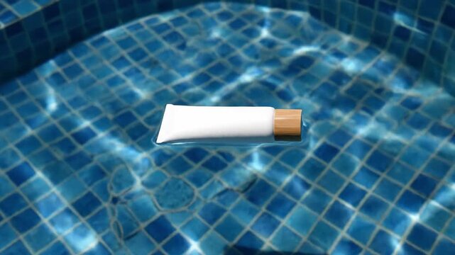White cosmetic tube with a wooden cap floats on the surface of clear blue pool water. The scene evokes a sense of summer and refreshment. Ideal for marketing sunscreen or waterproof skincare.
