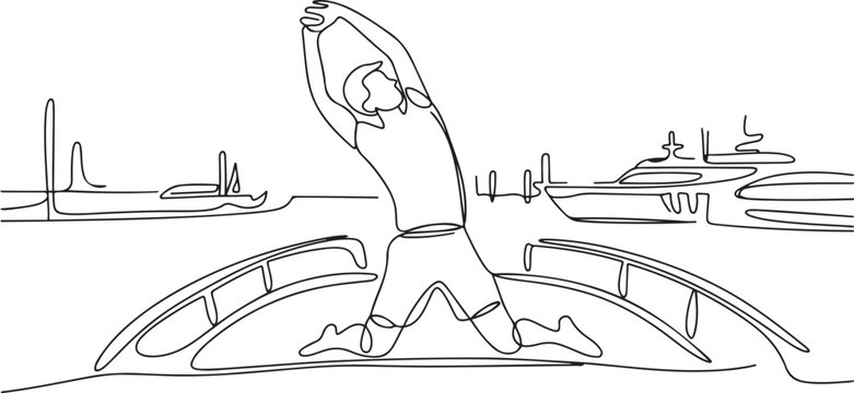 A man stretching on the boat. Harbor activities. one line art icon drawing vector