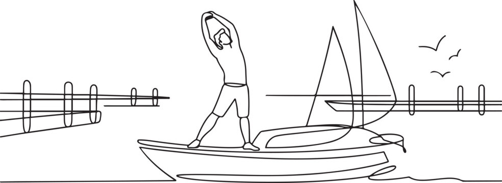A man stretching on the boat. Harbor activities. one line art icon drawing vector