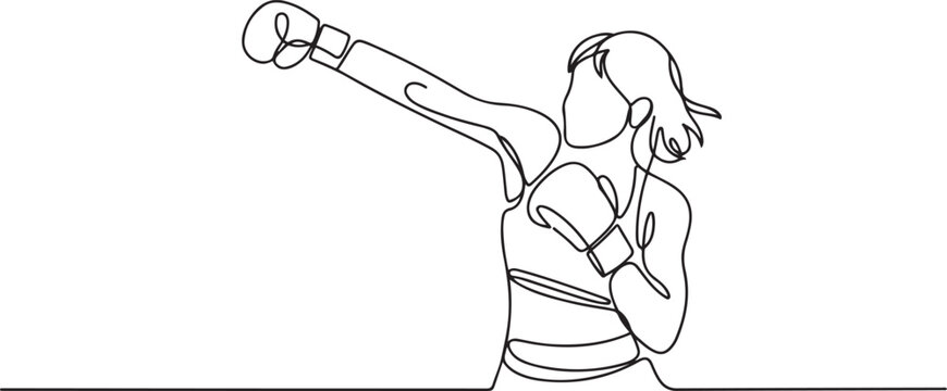 Single continuous line drawing of young agile woman boxer launch powerful uppercut punch. Fair combative sport concept. one line art icon drawing vector