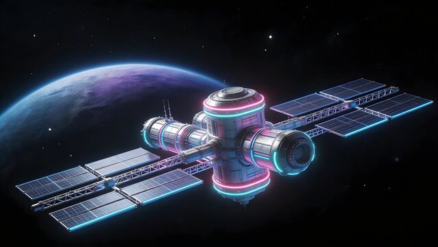 Space station orbiting planet