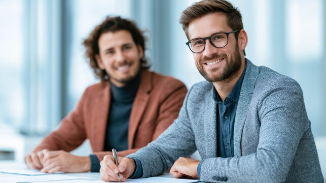 Business partners signing mortgage loan agreement at office meeting
