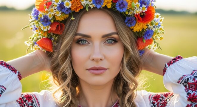 Portrait of a Ukrainian woman in Ukraine, female subject wearing a vinok flower wreath and traditional embroidered vyshyvanka in a field