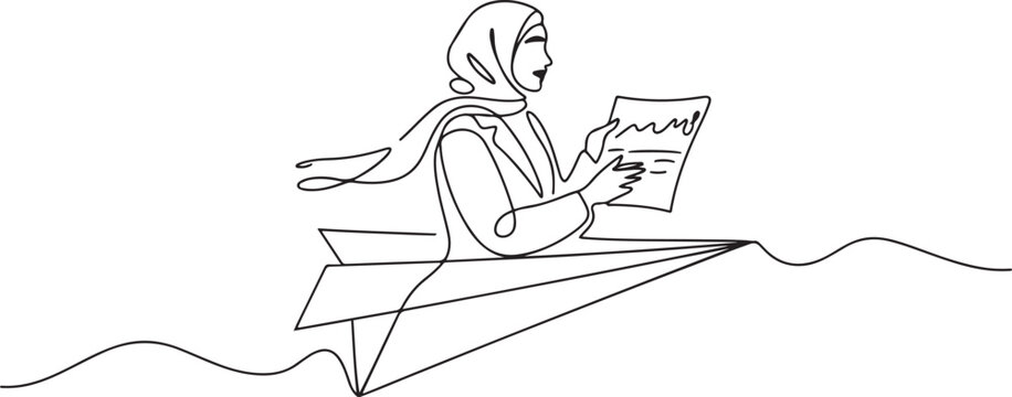 Single continuous line drawing young Arab business woman analyze market situation on flying paper plane. Minimalism metaphor concept. one line art icon drawing vector