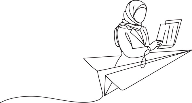 Single continuous line drawing young Arab business woman analyze market situation on flying paper plane. Minimalism metaphor concept. one line art icon drawing vector