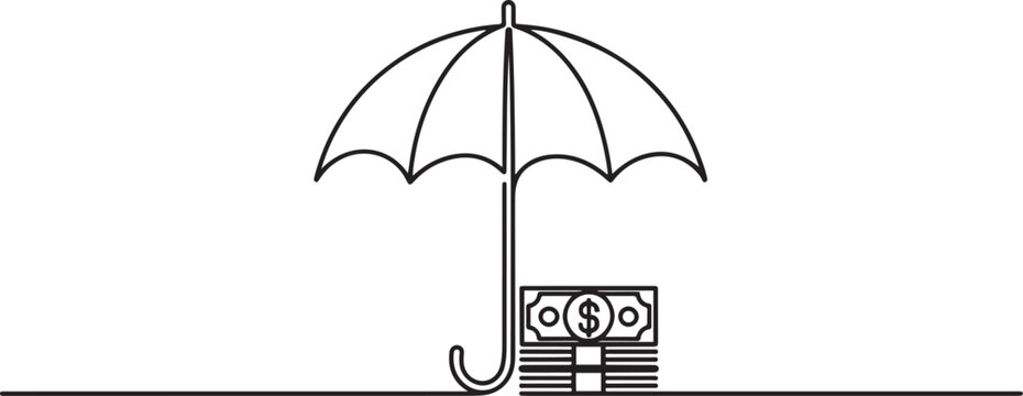 An umbrella protecting a stack of money, illustrating financial security and protection in business. one line art icon drawing vector