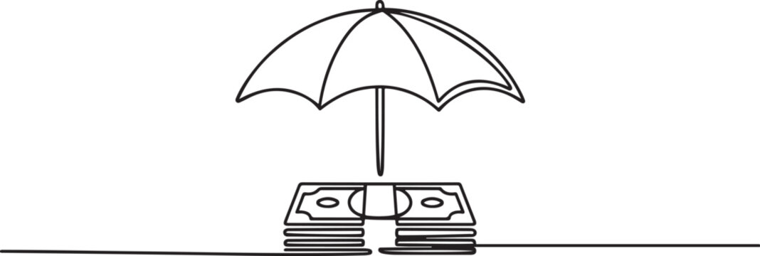 An umbrella protecting a stack of money, illustrating financial security and protection in business. one line art icon drawing vector