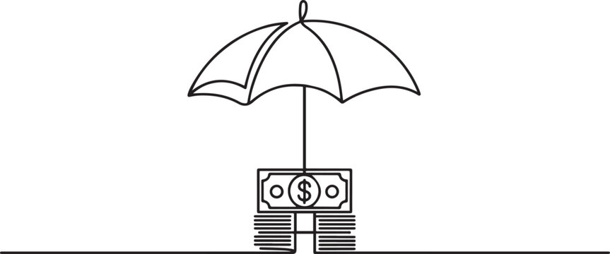 An umbrella protecting a stack of money, illustrating financial security and protection in business. one line art icon drawing vector