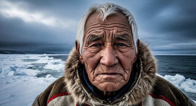 Portrait of an elderly Chukchi man, Siberia, stern and proud look, wearing a traditional dark winter fur kerker coat