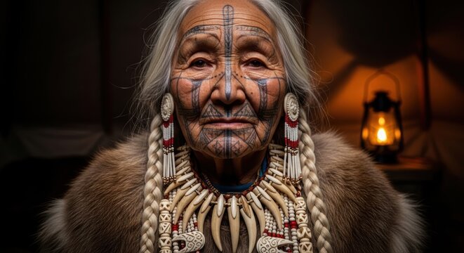 Portrait of an elderly Chukchi woman, Siberia, proud with extensive tribal face tattoos on chin and cheeks, bone necklace
