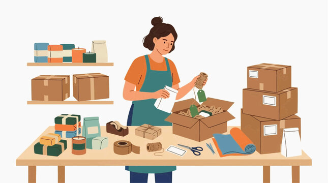 Woman packing boxes with shipping supplies for e-commerce business fulfillment and delivery vector
