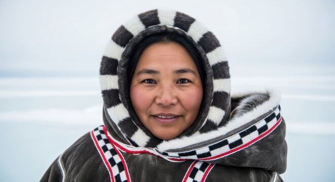 Portrait of an Inuit woman, Arctic regions, wearing a traditional large amauti parka with a baby carrying hood, proud and serene expression