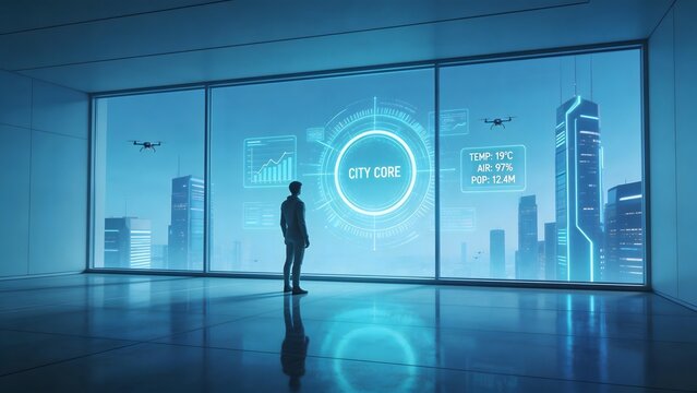 Man viewing futuristic cityscape through window