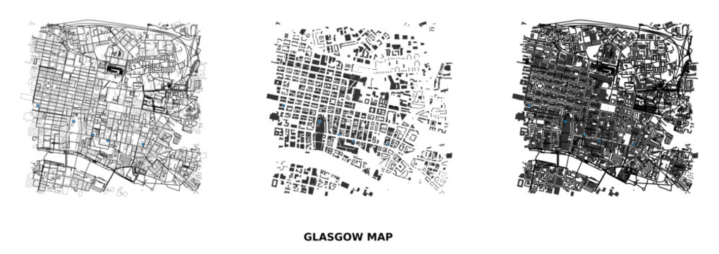 Urban morphology analysis maps of glasgow city center showing street networks and building footprints